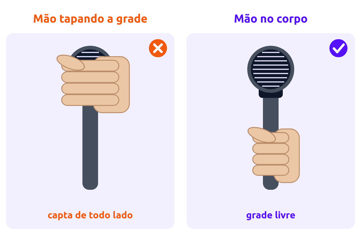 Mão segurando o microfone pela grade, do jeito errado, e pelo corpo, do jeito certo
