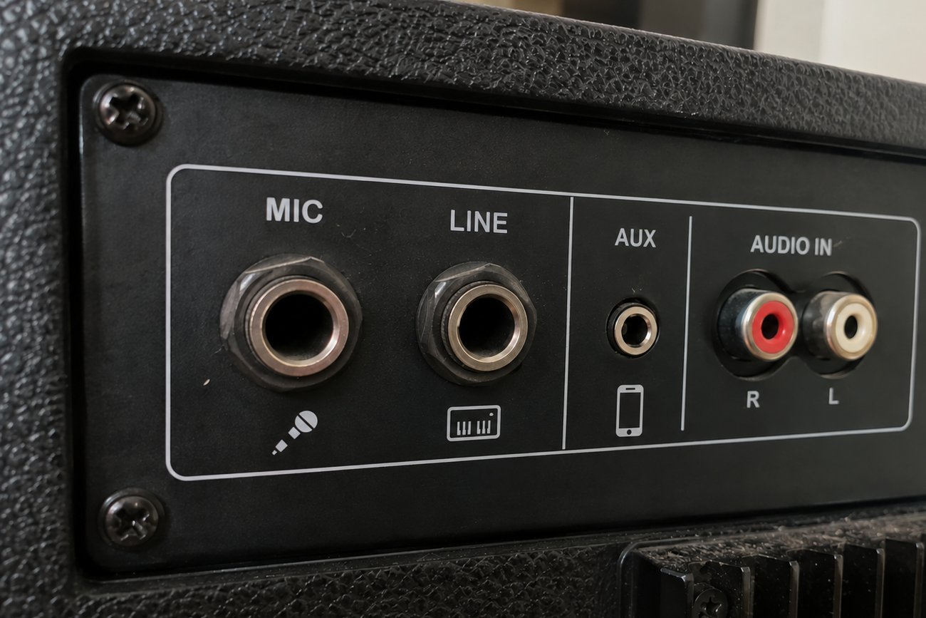 Painel de caixa amplificada com as entradas MIC e LINE (P10), AUX (P2) e AUDIO IN (RCA)